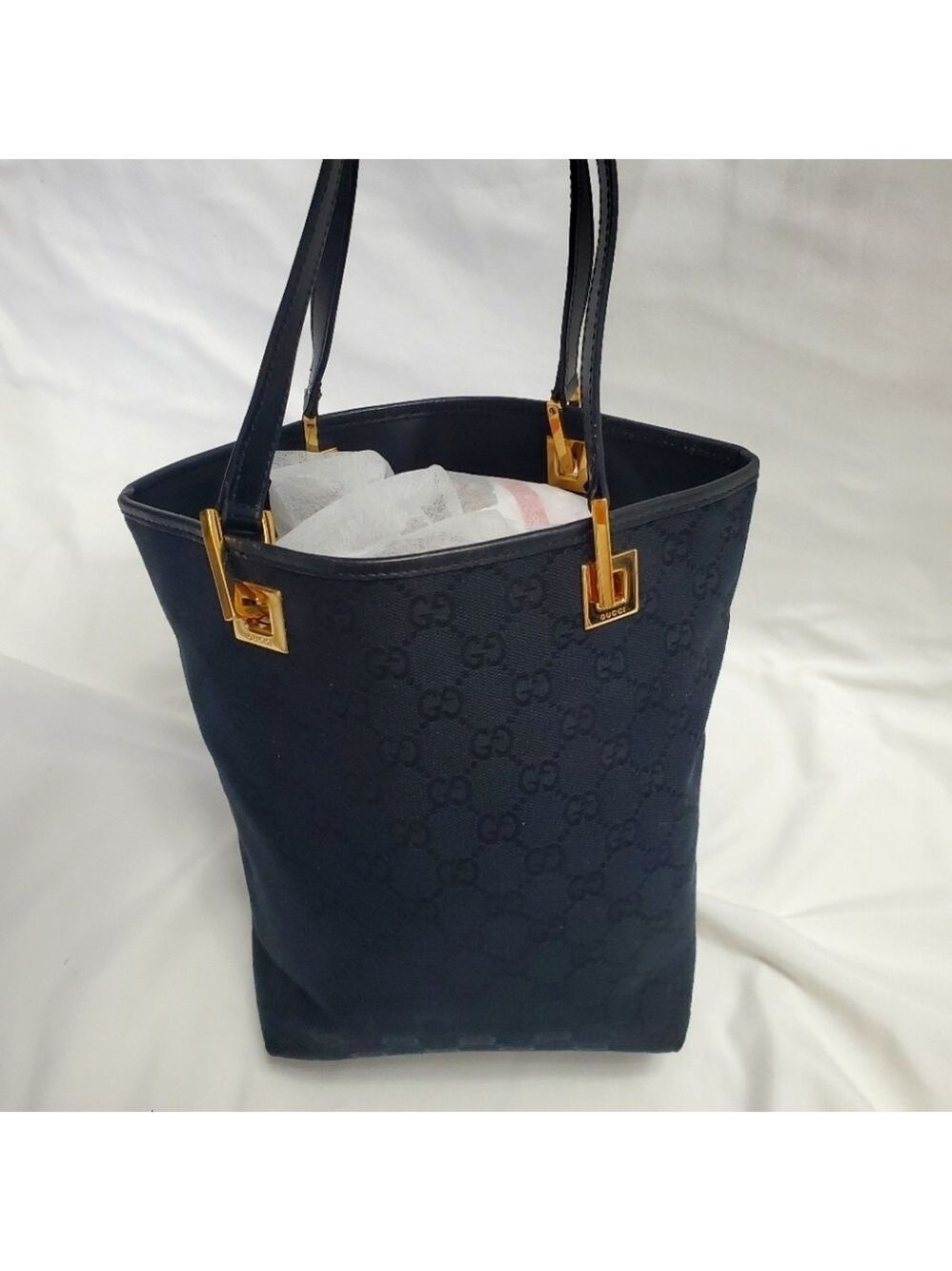 Gucci Black GG Monogram Canvas Leather Trim Tote Bag